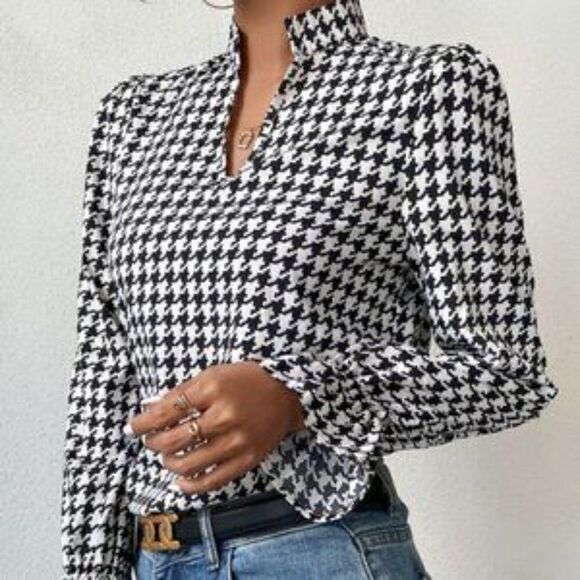 NEW houndstooth all over print long flounce blouse - Picture 2 of 9